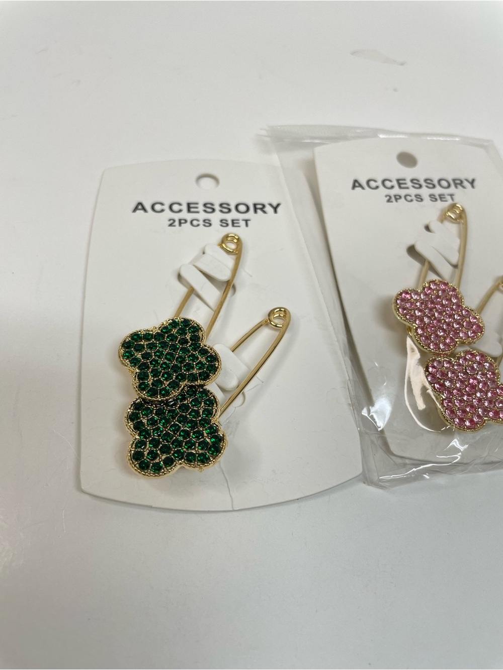 Gold-Tone Clover Pin Brooches - Green and Pink Sets